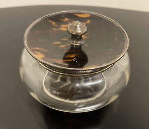 Antique Vintage English Sterling Silver Faux Tortoise Shell Lid Vanity Jar