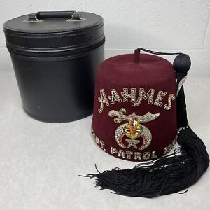 Vintage Mason Freemason Shriner Jeweled Aahmes Captain Patrol Fez Hat Cap + Case