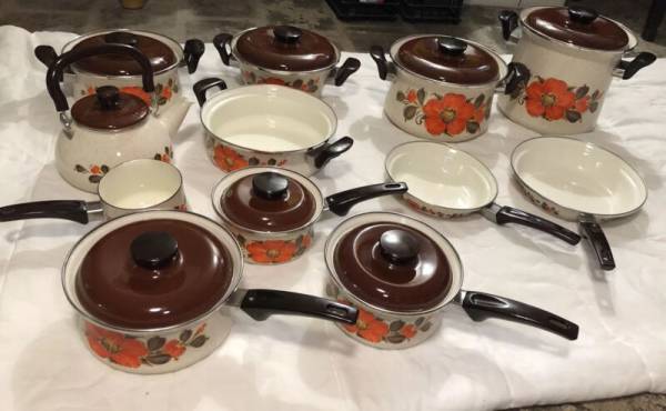 Vintage Show Pans Japan Sanko Ware Enamel Orange Poppies Pots Pans Set 21 Pieces