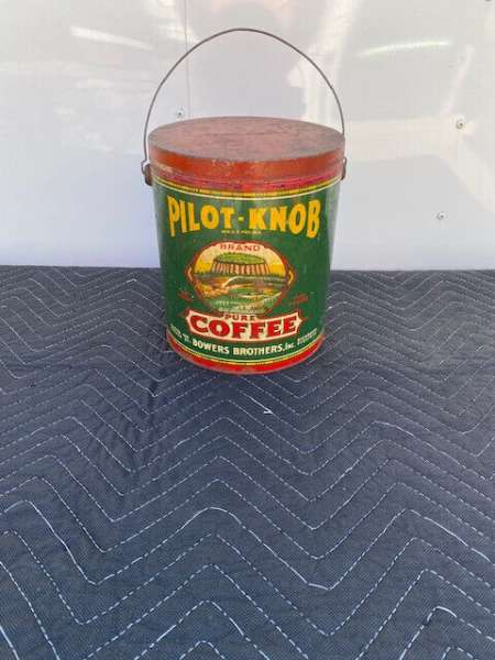 Vintage Early Pilot-Knob 5 LB. Coffee Metal Can w/Lid & Handle Bowers Bros. Va.