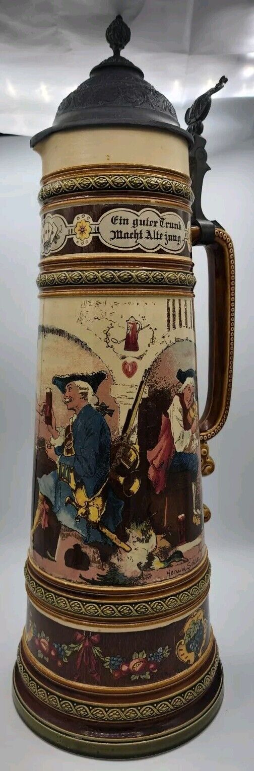 Mettlach 2180/955 Antique Vintage Large German Beer Stein 3.3L Pewterl Lid