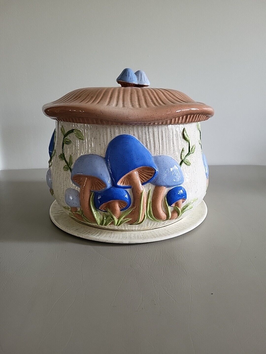 Vtg Arnels Mushroom Divided Canister Lazy Susan W/Lid-1974 Ceramic Kit-Rare Blue