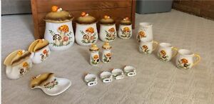 Set of 17 VINTAGE MERRY MUSHROOM CANISTER SET 1978 1983 Napkin Holders Mugs