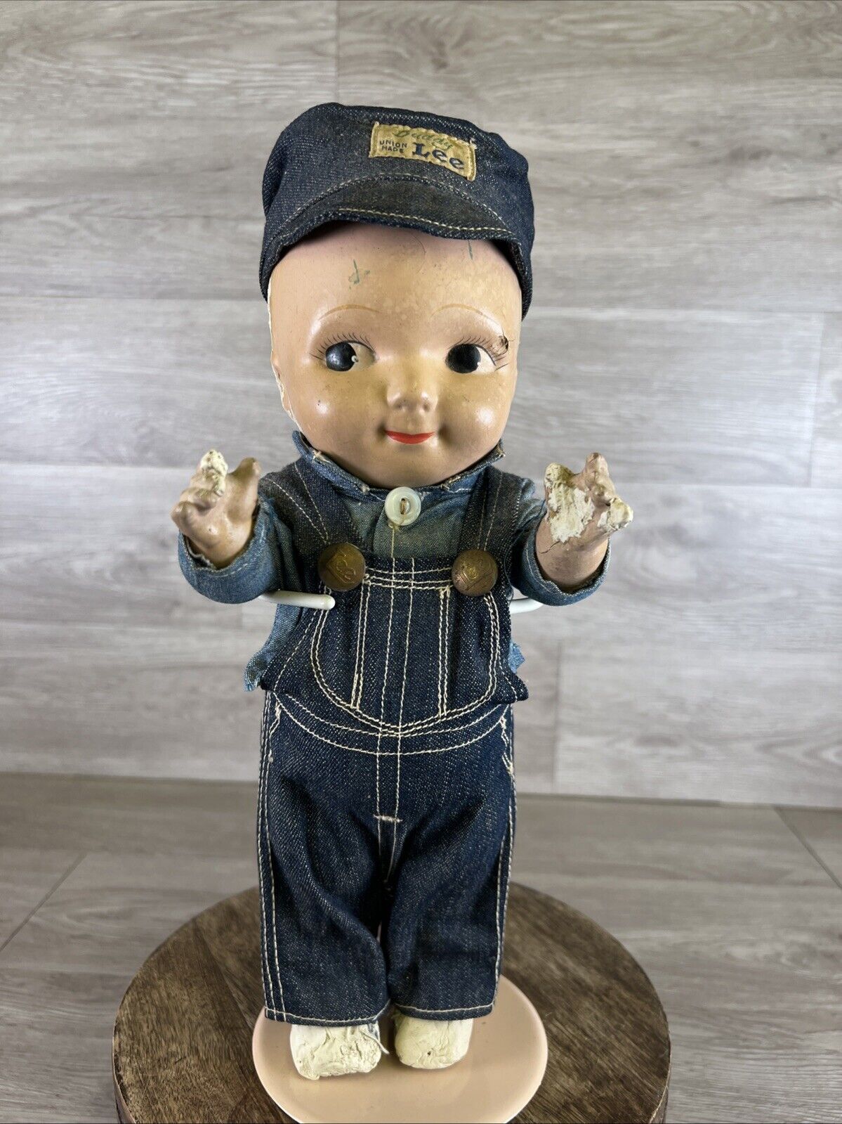 Vintage Buddy Lee Doll Hard Plastic Denim Lee Bib Overalls Hat Cap Sanforized