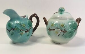 Antique Majolica Thomas Forester English Covered Sugar Bowl & Creamer c.1880's