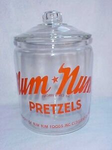 Vintage Num Num Pretzels / Peanut 2 Gal. Jar w/ Lid, Frito, Tom's Lance Store