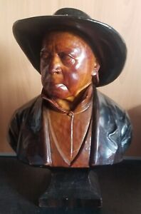 Vintage Hans Huggler Wyss Brimmed Hat Man Wood Bust Switzerland 16" Commission?