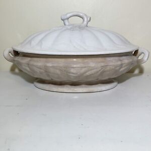 Antique White Ironstone Soup Tureen Stained Crazed Patina Farmhouse Wheat Design