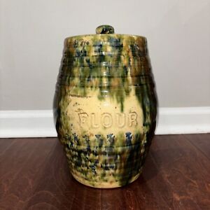 RARE 1860 FLOUR CANISTER W/ LID - TRI-COLOR SPATTER GLAZE YELLOW WARE **READ