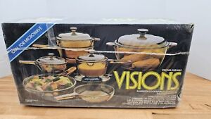 Vintage Corning WARE Visions Amber Glass PYREX 11 Piece Cookware Pot Set w/Lids
