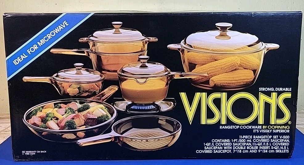 NEW Vtg Pyrex VISIONS Amber 11pc Glass Cookware Set V-500 Sauce Pot Skillet Pan