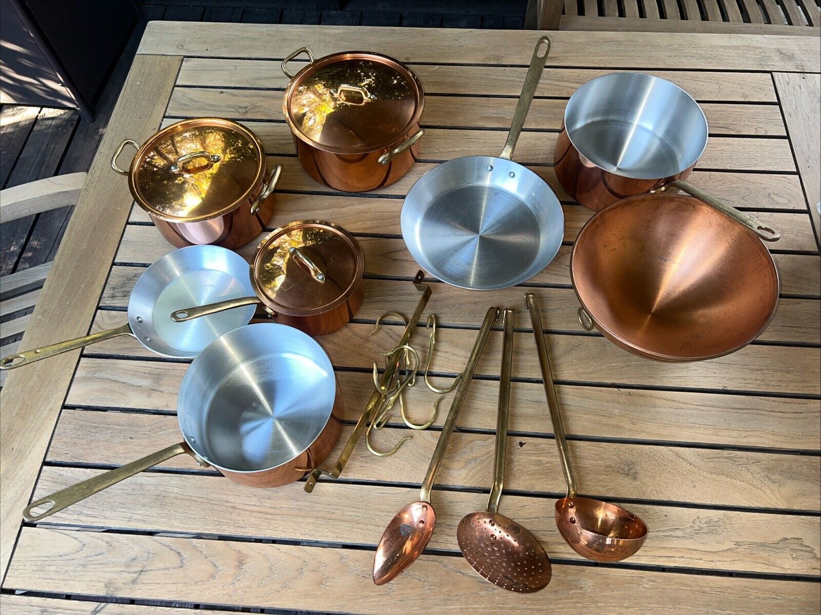 Vintage Copper Pots & Pans Brass Handles Made In France 14 Piece Set Light Use