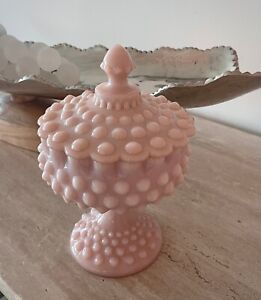Vintage Fenton Pink Milk Glass Hobnail Footed Candy Dish with Lid
