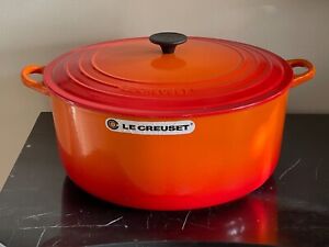 Vintage Le Creuset France Enamel Cast Iron #34 Flame Orange Round Dutch Oven *