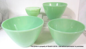 VTG 5-PC FIREKING JADEITE Splash Proof MIXING BOWLS & Dripping SUGAR BOWL W/ LID