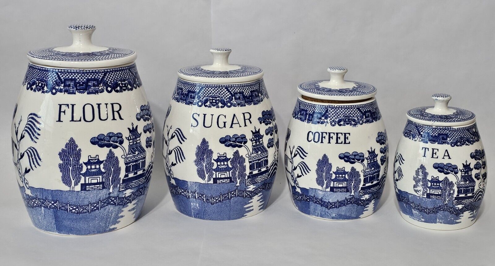 Rare Vintage Blue Willow Barrel Shape Canister Set Flour Sugar Coffee Tea JAPAN