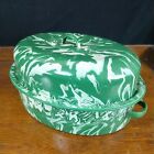 RARE Graniteware Emerald Green Swirl Roaster Enamel with Lid cream inside