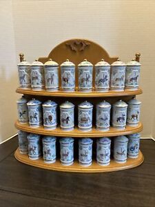 Lenox 1993 Complete Set, 24 Porcelain Carousel Spice Jars, Wooden Rack