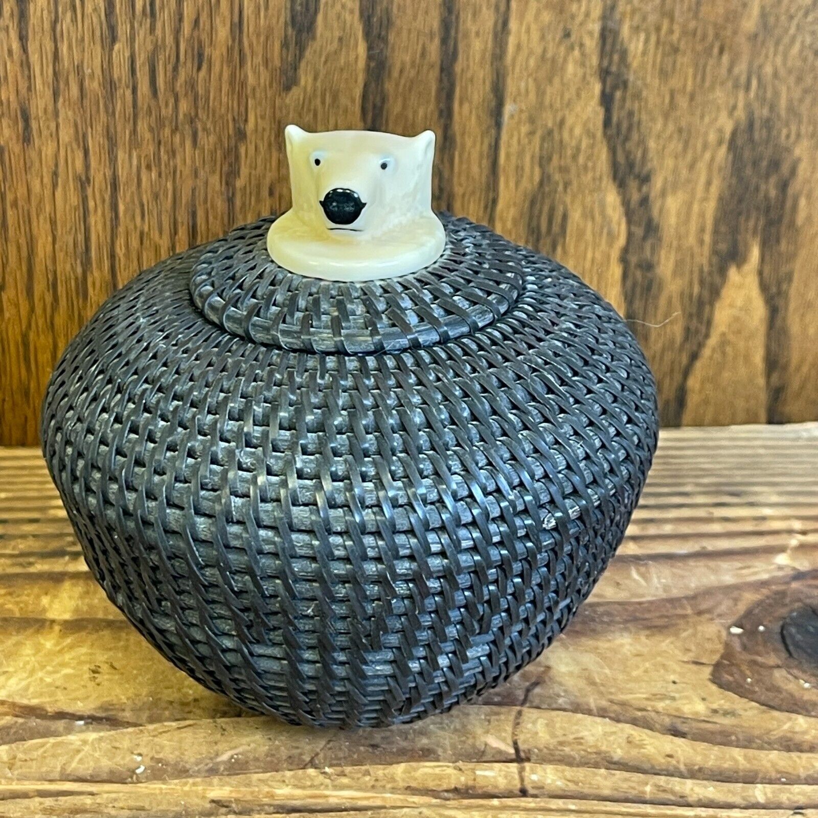 Vintage Alaskan Baleen Basket with Carved Polar Bear Lid by Sheldon Bogenrife