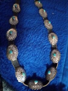 VTG Native American Navajo Turquoise Sterling Silver Leather Concho Hat Band
