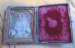 Sixth Plate Daguerreotype Of Beautiful Woman, pink Tinted hat cheeks bow excell