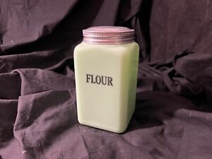 Vintage Jadeite Milk Glass Flour Canister with Original Lid