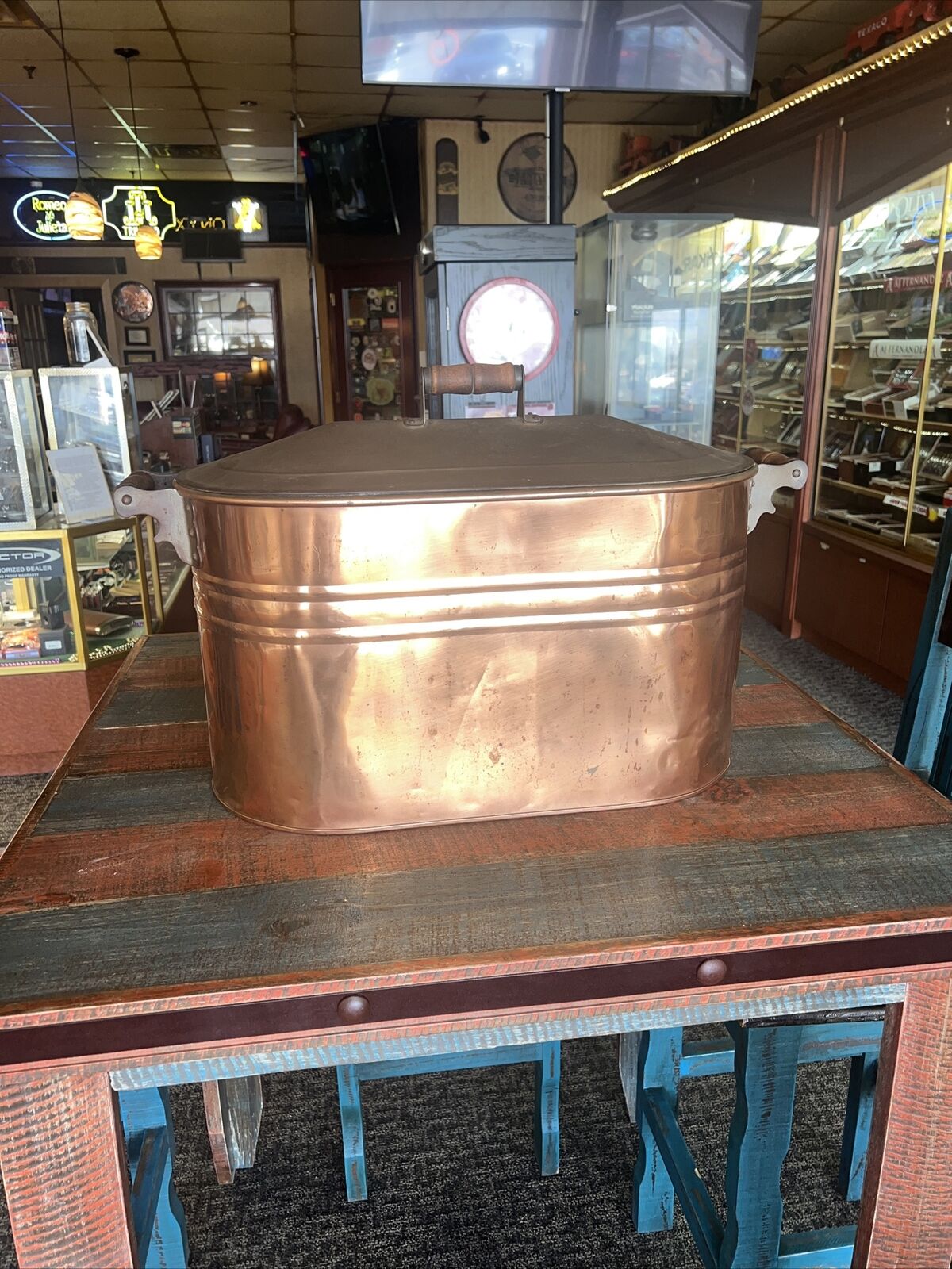 Antique Copper Boiler Wash Tub Pot with Lid & Wood Handles Vintage Large Distill