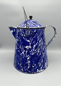 Antique Blue & White Swirl Large Graniteware Coffee Pot Cowboy Enamelware 12.5”