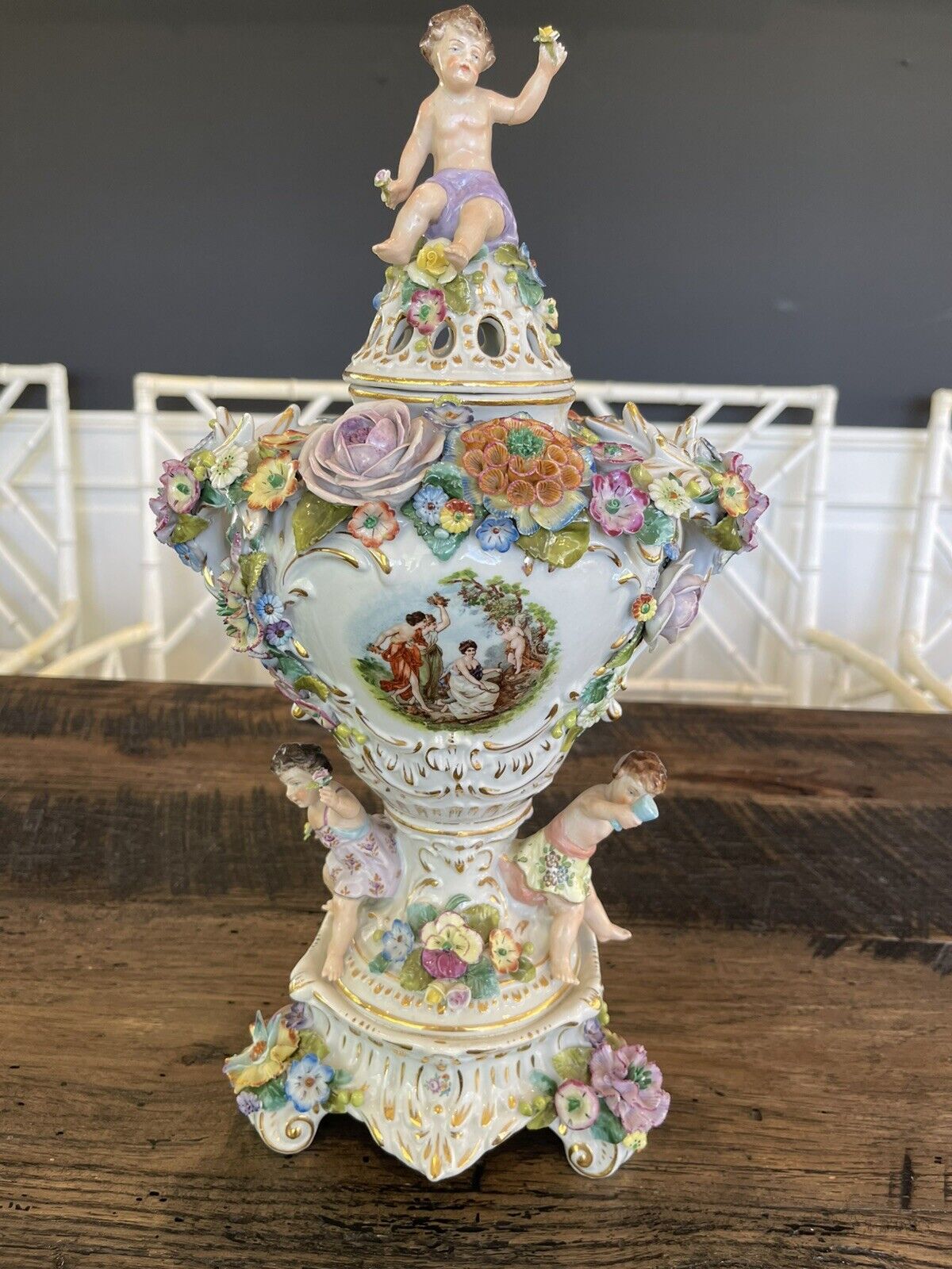 New ListingAntique DRESDEN Sitzendorf Centerpiece Germany Porcelain Urn Flowers Cherub