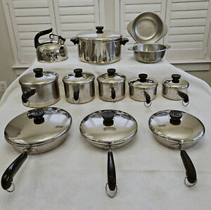 21 PC VINTAGE REVERE WARE STAINLESS STEEL COPPER CLAD POT PAN SET ALL SIZES LID