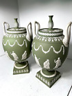ANTIQUE WEDGWOOD JASPERWARE SAGE GREEN URNS PAIR #1316 "THE GREAT MUSES" LOVELY