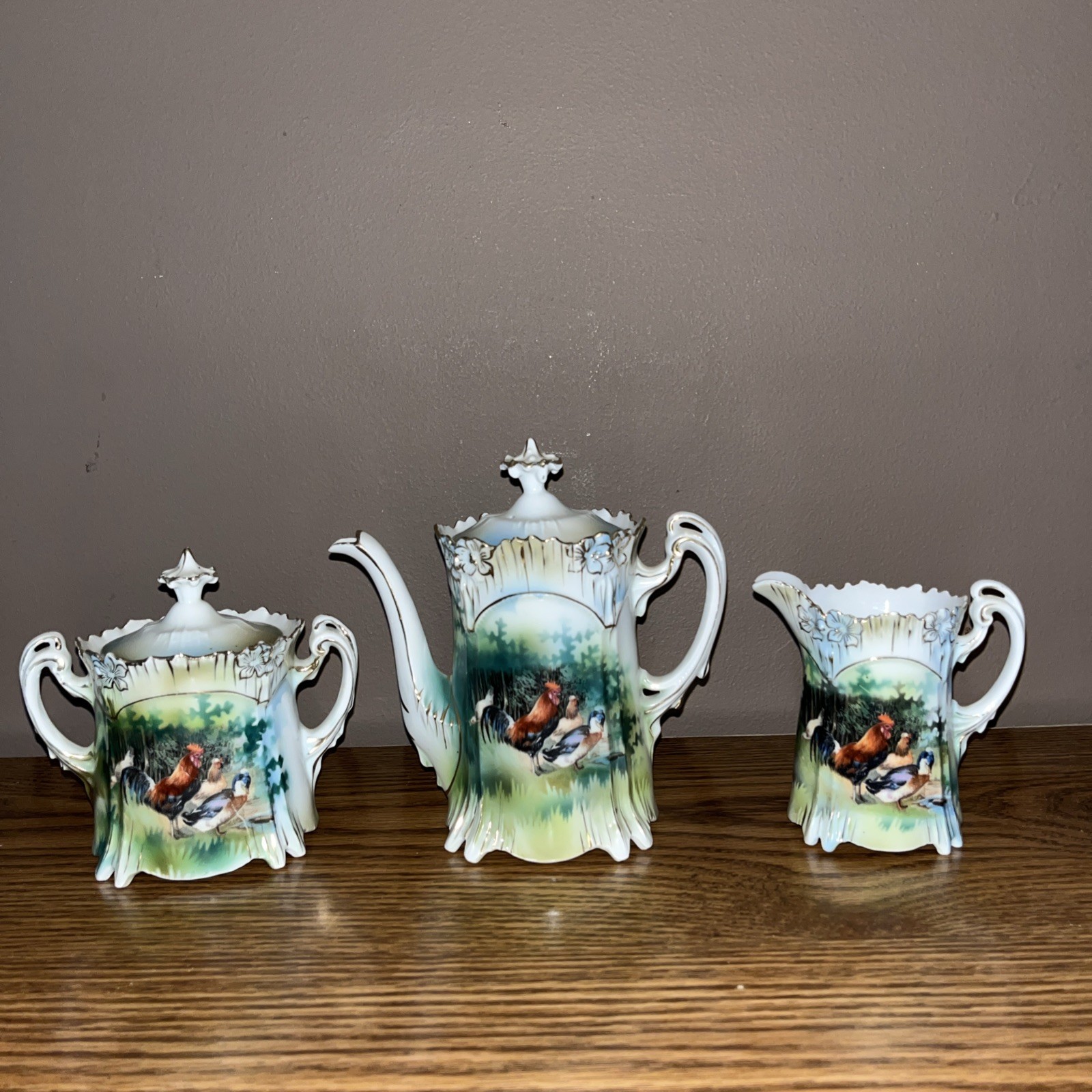 New ListingRS Prussia Porcelain Chocolate Teapot Set Sugar Bowl Creamer Farm Birds