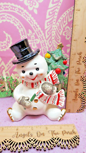 Vtg Norcrest Christmas Skating SNOWMAN BANK MICA GLITTER Tree Scarf Top Hat J371
