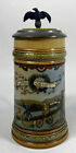 VINTAGE METTLACH STEIN BICYCLING SCENE Pottery, Etched, 0.5L, Eagle Lid. Ca#2190