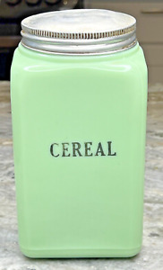 McKee Jadeite Jadite Glass CEREAL Canister 48 Oz Size 7.5" Ht /Original Lid GLOW