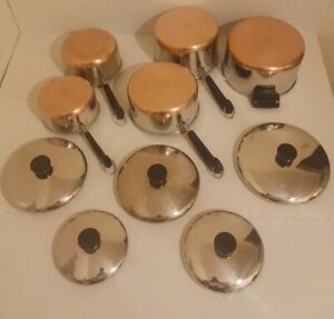 Vintage 1801 Revere Ware 10 Piece Set Copper Bottom Pots Pans Lids Clinton ILL