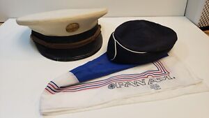 Vintage Pan Am Airlines Pilot Hat w/ Pin & Mae Hanauer Hostess Cap and Scarf