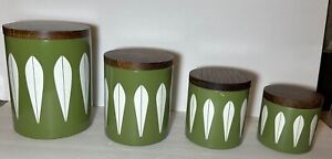 Vintage 4 Cathrineholm Green Lotus Nesting Aluminum Canister Set Teak Lids - MCM