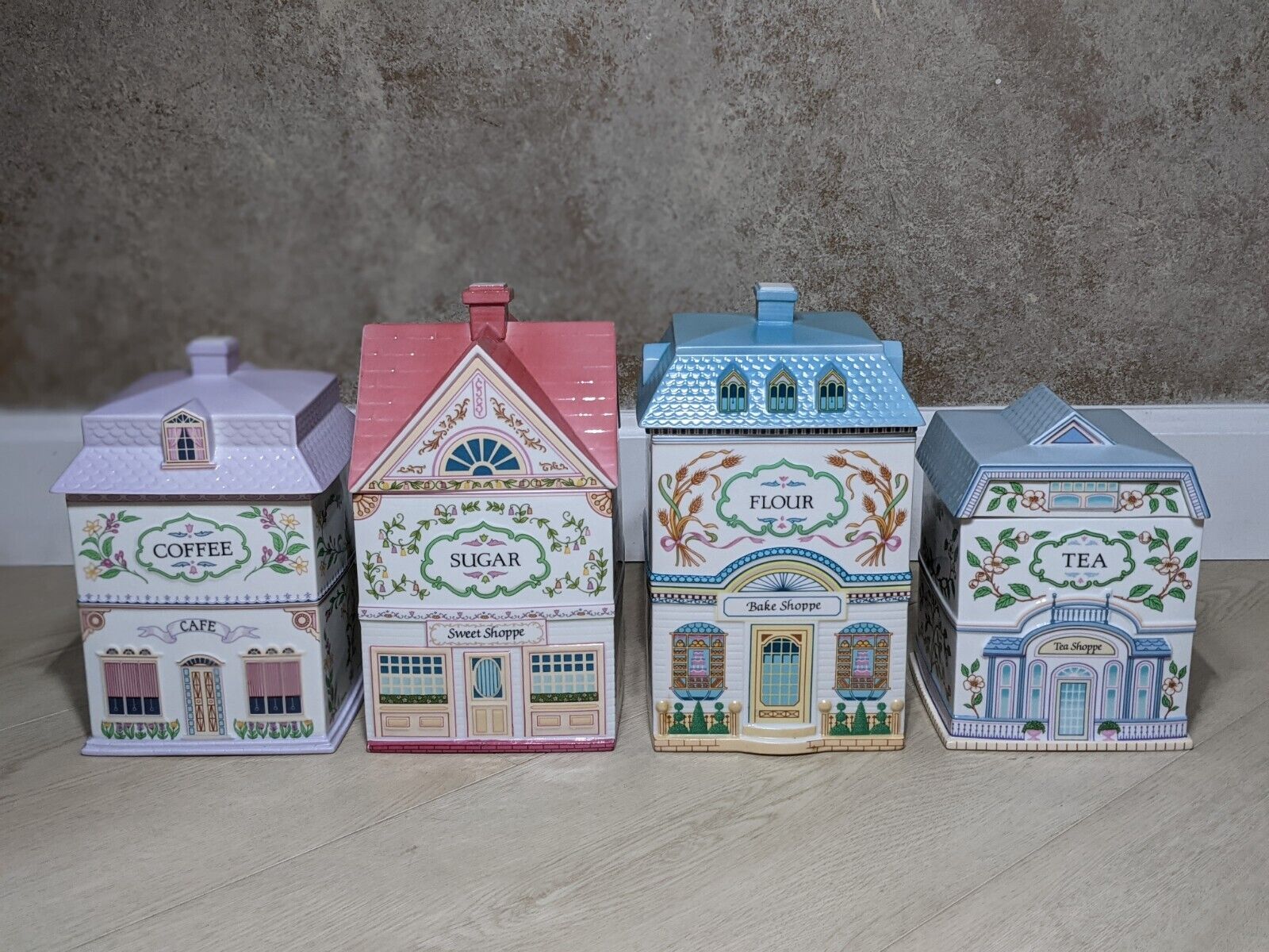 Vtg. 1990 Lenox Spice Village 4 Piece Canister Set - Sugar, Flour, Coffee, & Tea