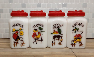1940's McKee BARNYARD Glass Shakers Spice 4Set Nutmeg Cinnamon Alspice Cloves