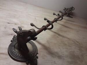 Vintage Brass Horse Head Coat / Hat Rack 39" 5 Hooks Farm Ranch Western ~