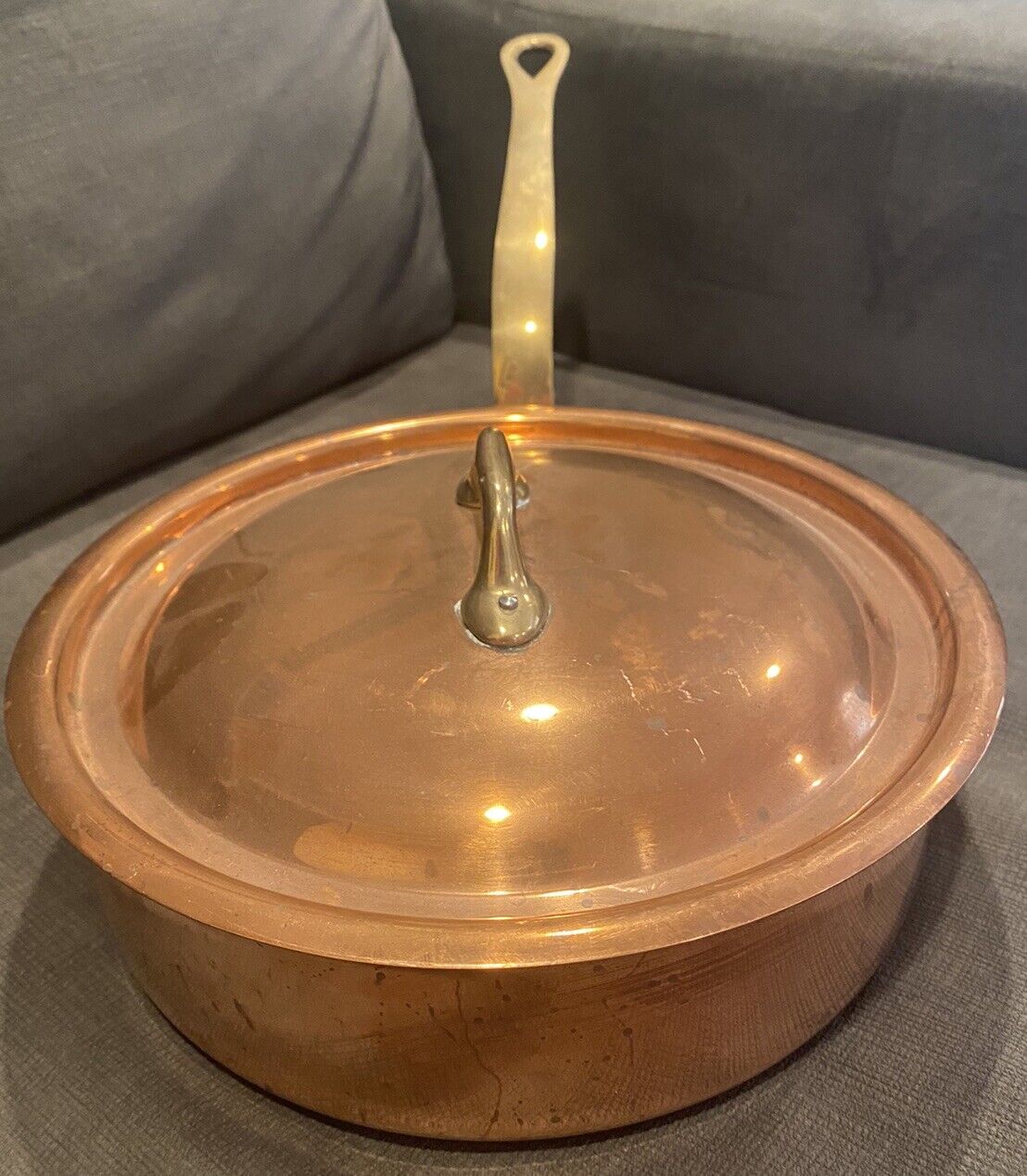 VTG William Sonoma Copper Sauté Pan W/Lid Brass Handle Made in France EXCELLENT