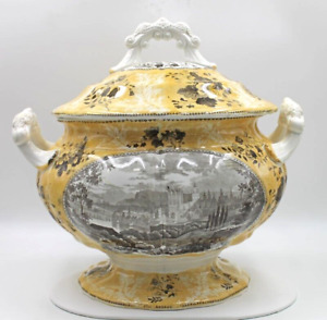 Enoch Wood 106 Staffordshire Bicolor Yellow Brown Transferware BIG Soup Tureen