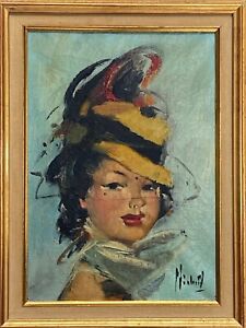 Vintage MCM Portrait Oil Painting Girl in Hat, Gallery Label, Style of Domergue