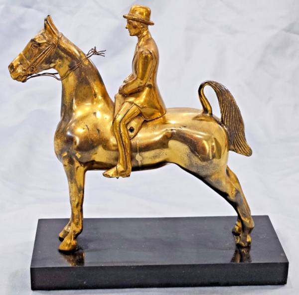 Horse w Rider Jockey Derby Hat Metal Bronze Statue Figurine DODGE ? Vtg Antique
