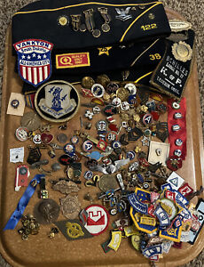 Lot Of Vintage Pins Patches Hats Military Boy Scouts & More 244 Pieces