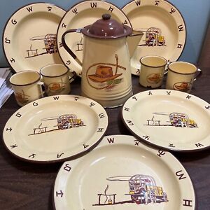 Monterrey Western Ware Lot Kettle Cup Plate Cowboy Hat Vintage Enamelware