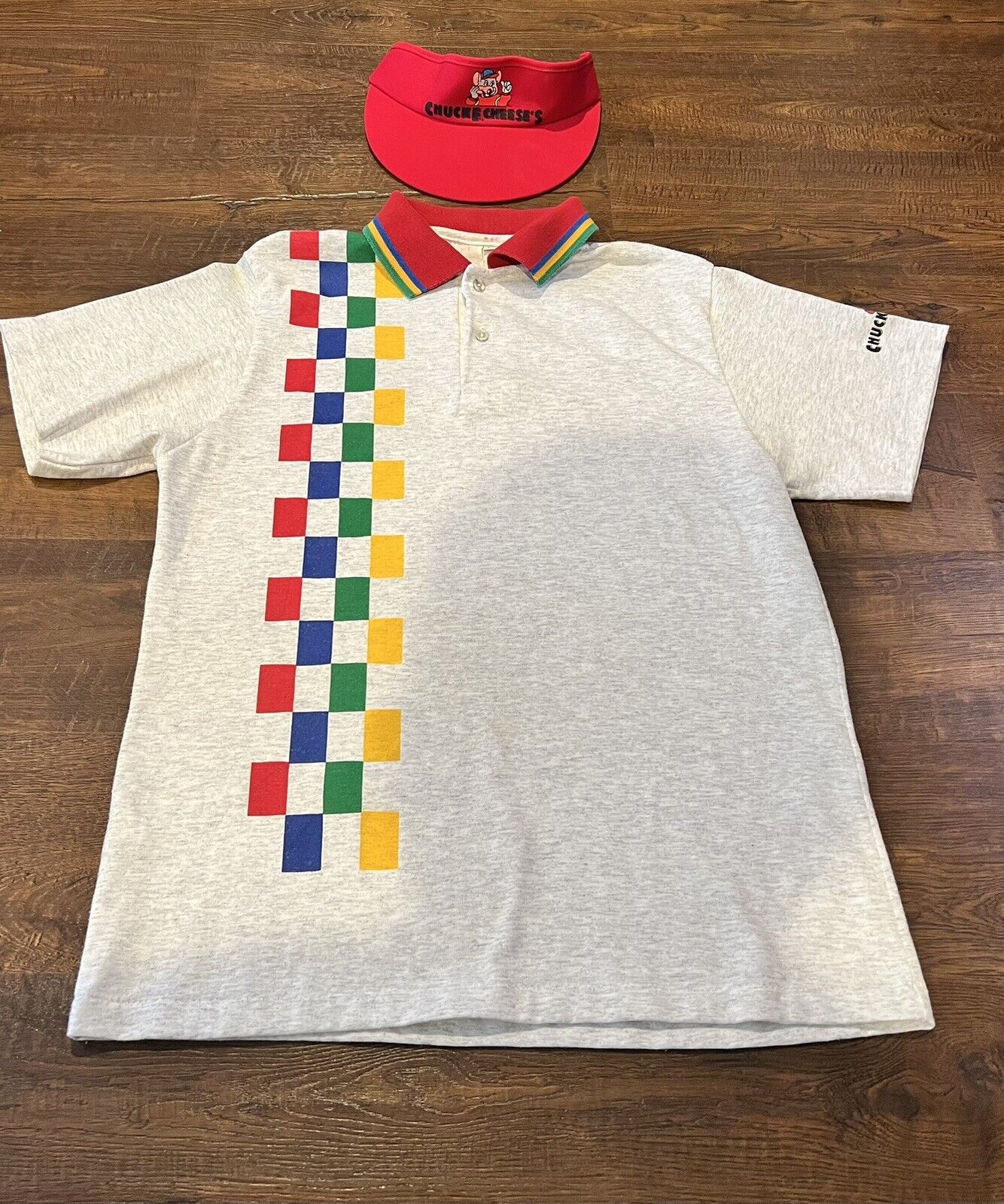 Vintage 1990s Chuck E Cheese Employee Uniform Polo Shirt Visor Hat