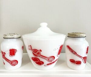 1940’s Fire King HTF Kitchen Aids Grease Jar, Salt & Pepper Shakers Range Set