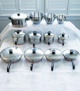21PC VINTAGE REVERE WARE STAINLESS STEEL COPPER CLAD POT PAN SET ALL SIZES LIDS
